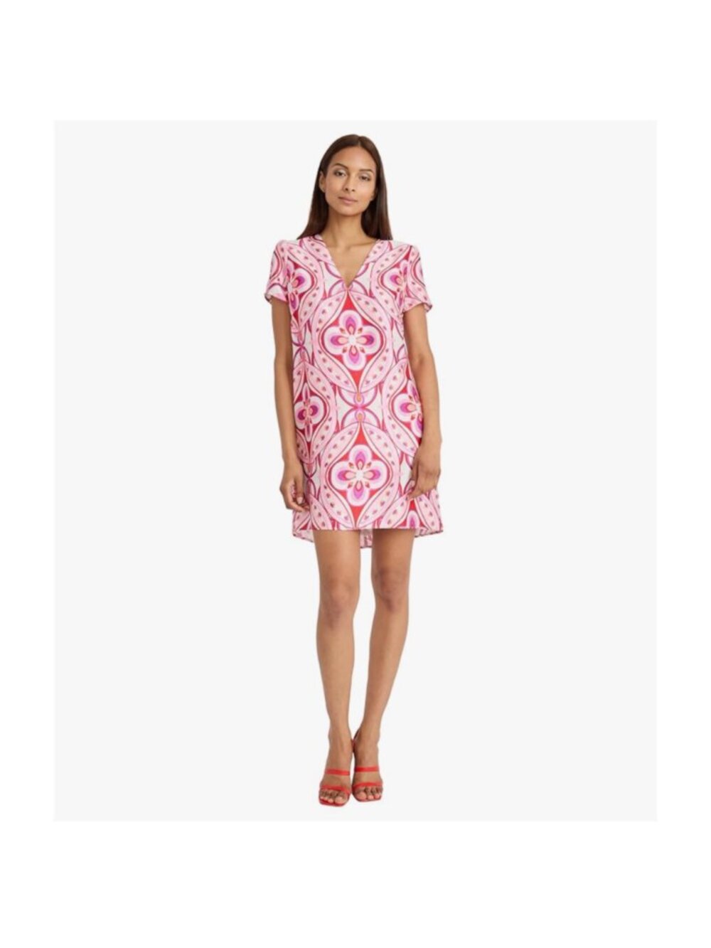 ✨ Donna Morgan Pink Ivory Geometric Floral V-Neck Mini Dress Size 14 Wedding ✨ - Picture 2 of 6